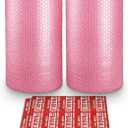 Anti-Static Bubble Cushioning Wrap Roll 2 Pack 3/16" Air Bubble 12 Inch x 72 Feet Total, Perforated Every 12 Inch with 20pcs Fragile Stickers Packing Supplies for Heavy-Duty Moving Shipping (Pink)