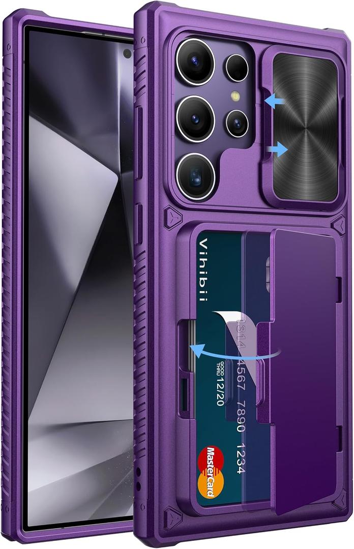 Vihibii for Samsung Galaxy S24 Ultra Case with Card Holder (4 Cards) & Slide Camera Cover & Kickstand, Shockproof Rugged Hard Back & TPU Soft Edge Wallet Case for Galaxy S24 Ultra (Dark Purple)