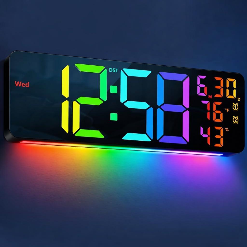 MASHI 17.3" Large Digital Wall Mount Clock, Digital Clock with Remote Control, Alarm, Big LED, RGB Color, DST, Temperature for Living Room Classroom Desk, Bedroom, Decor, Gift for Elderly (RGB)