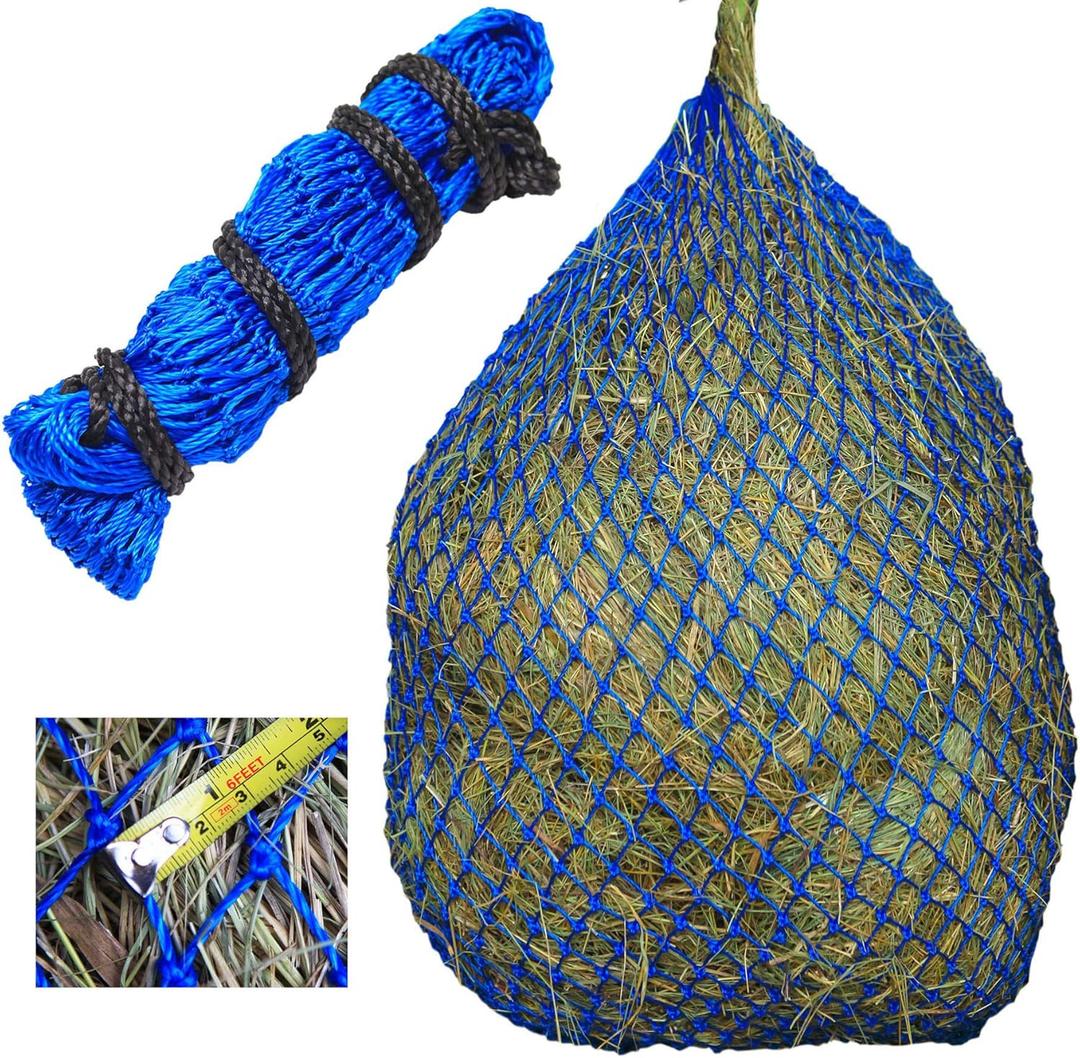 T TEKE Ultra Slow Hay Feeder Nets, 39" Length With 1"1/4" Feeding Holes, Horse Supplies Bags for Horses, Goats, With Extra Spared Cord (Blue)