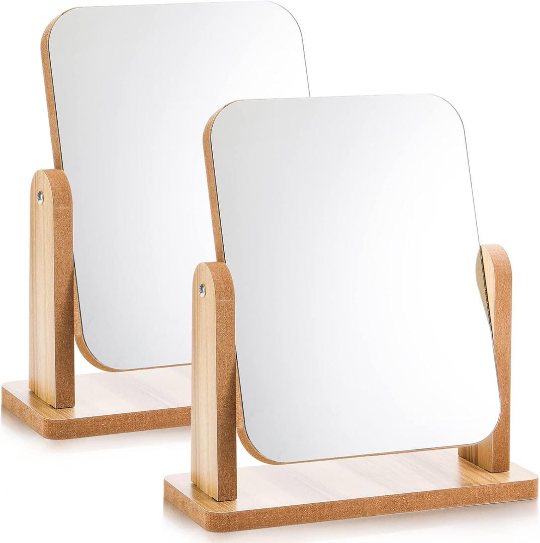 DEAYOU 2 Pack Vanity Mirror with Wood Stand, 360 Degree Rotation Makeup Mirror, Small Standing Swivel Cosmetic Mirror, Portable Wood Tabletop Mirror for Desk, Make Up, Gift, High-Definition