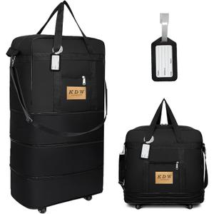 Foldable Travel Bag with Wheels, Extendable Tote Bag, Roller Expandable Luggage Compartment, Large Capacity Lightweight Luggage Bag, Waterproof for Men and Women(Black)