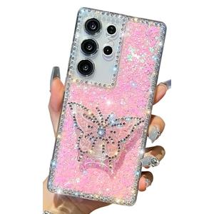 Kwhapoo Cute Compatible with Samsung Galaxy S23 Ultra 6.8 inch Girly Case, Bling Glitter Diamond Butterfly Kickstand Case, Soft Silicone Cases for Women (Pink)