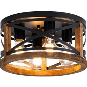 Farmhouse Light Fixtures, 4-Light Round Flush Mount Ceiling Light with Wood and Metal Frame, Black Rustic Ceiling Light for Hallway, Entryway, Bedroom, Kitchen
