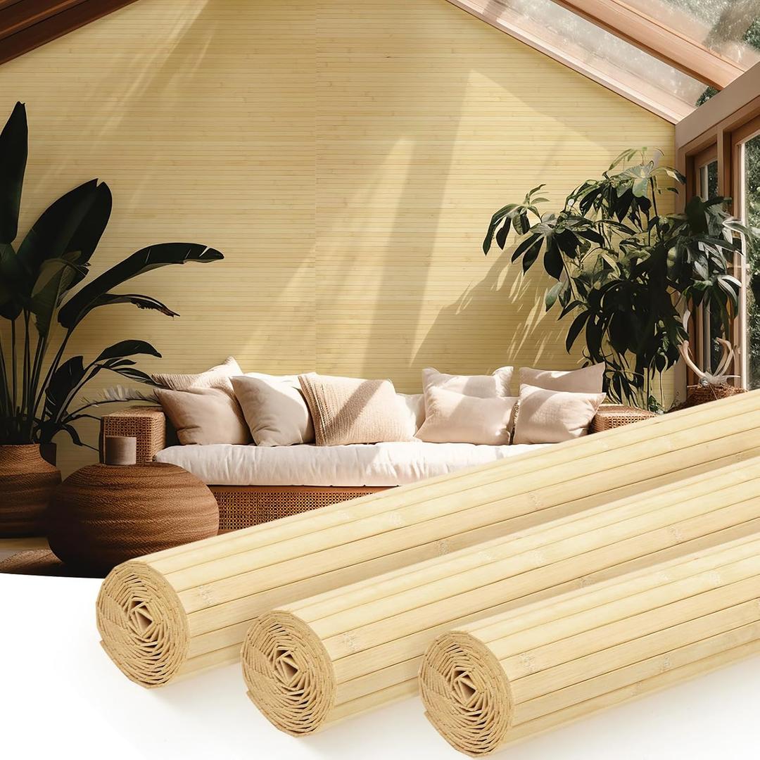 Juexica 3 Pcs Natural Bamboo Wall Panel for Interior Wall 48''x96'' Bamboo Covering Renewable Pole Wainscoting Room Divider Wrap Decor for Bedroom Living Room Kitchen Island Office (Raw)