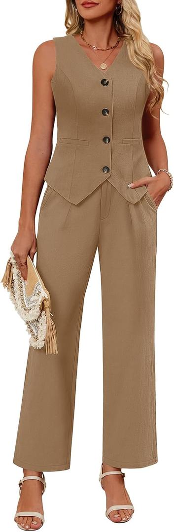 Ficerd Women's 2 Piece Outfits, Sleeveless Cotton Suit Vest and Wide Leg Pant Summer Business Casual Button V Neck Blazer Set(Khaki,Small)