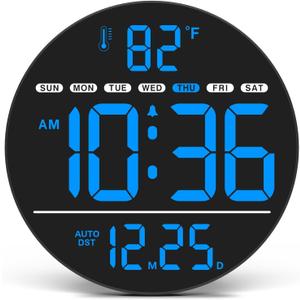 WallarGe Large Digital Wall Clock with LED Display, Electric Wall Clock with Temperature, Auto DST, Date, and Day, 5-Level Brightness for Office, Bedroom, Living Room, Classroom Dcor (Blue)
