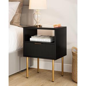 Masupu Nightstand,Mid-Century Modern Bedside Table with Storage Drawer and Open Wood Shelf,Small Gold Frame Side Table for Bedroom,Living Room,Black