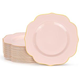 bUCLA 48Pieces Pink Plastic Dessert Plates - 7.5inch Premium Hard Pink with Gold Rim Small Cake/Salad/Appetizer Plates Disposable for Wedding, Party, Shower & Easter (48PCS)
