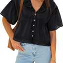 Cicy Bell Womens Cropped Babydoll Tops Summer Eyelet V Neck Short Sleeve Cute Blouses Ruffle Shirts, Black, Large