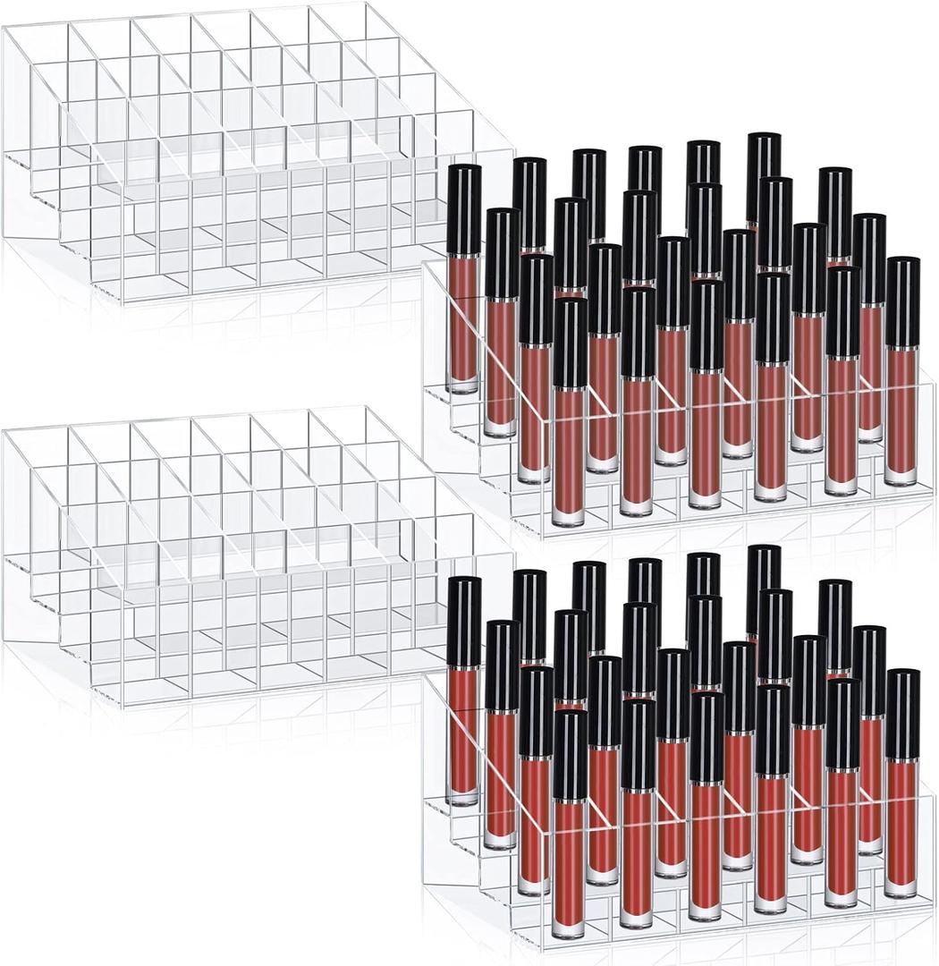 Macarrie 4 Pieces Lipstick Holder Organizer 24 Slot Acrylic Lipstick Makeup Organizer Case Display Stand Storage Box for Lipsticks Lipgloss Brushes Cosmetics