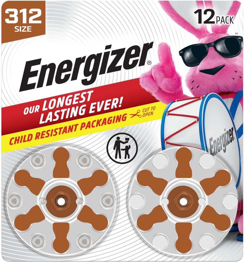 Energizer Hearing Aid Batteries Size 312, Brown Tab, 12 Pack