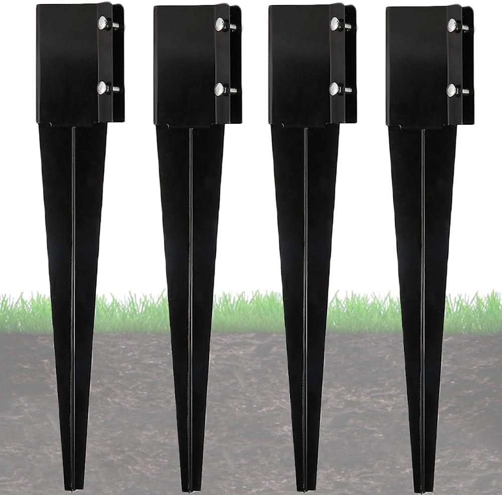 Furnishh Metal Anchor and Stakes - 4x4 Fence Post Holders, Black Ground Post Spikes, 24" Long, Set of 4