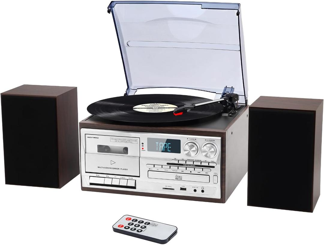 MUSITREND 10 in 1 Record Player with External Speakers, 3 Speed Bluetooth Turntable Vinyl Player with CD/ Cassette Play, AM/ FM Radio, USB/ SD Playback, Aux-in/ RCA Line Out