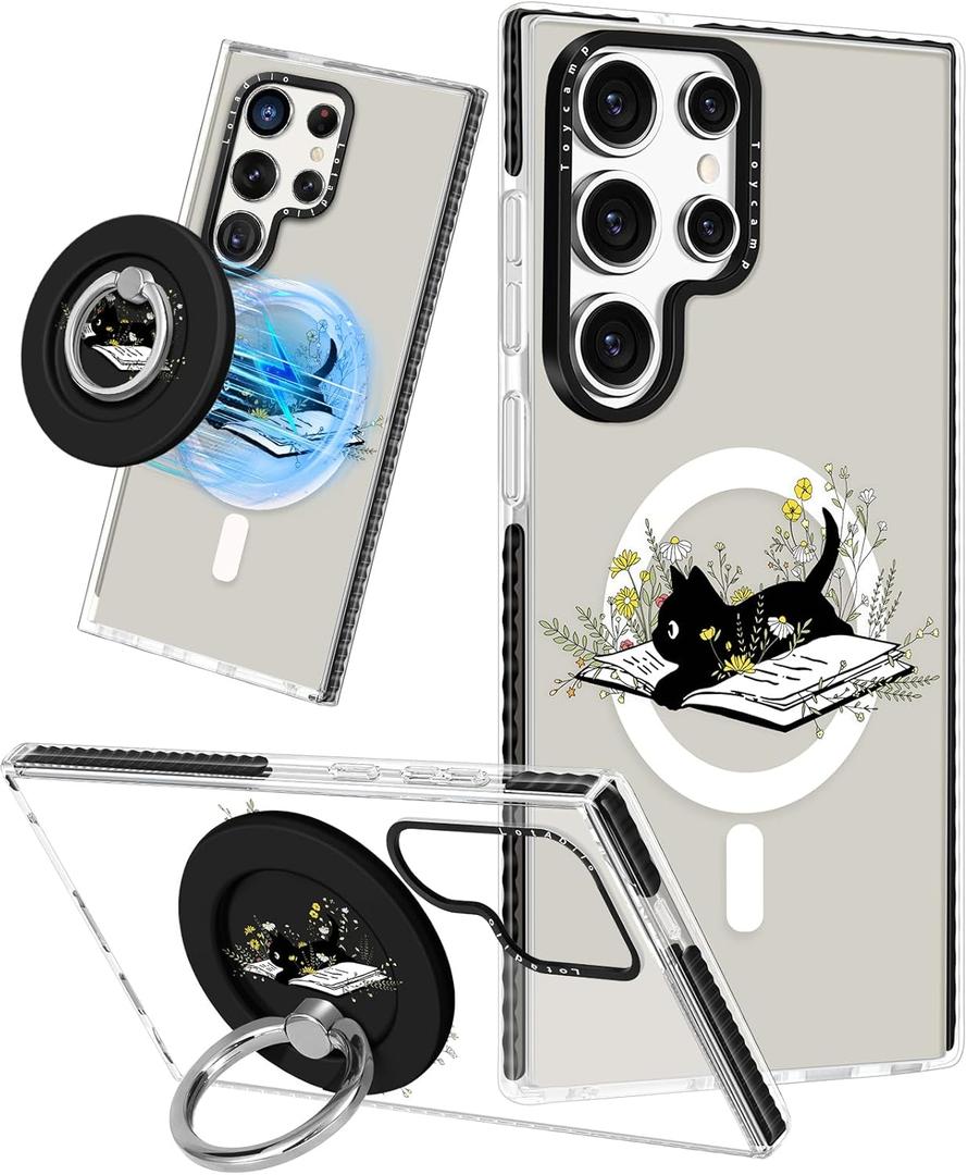 for Samsung Galaxy S24 Ultra Case for Women - Girls Cute Design Compatible with Magsafe Magnetic Ring Holder Stand Cat Flower Phone Covers Aesthetic Girly TPU Funda for S24 Ultra