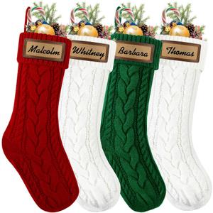 4Pack Christmas Stocking with Leather Patches18 Personalized Hanging Large Cable Knitted Custom Name Xmas Red Green White Stockings for Christmas Family Party Fireplace Decor