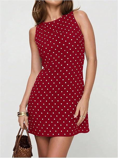 Women's Polka Dots Mini Dress Crew Neck Sleeveless Backless Short Party Dresses, Size Small