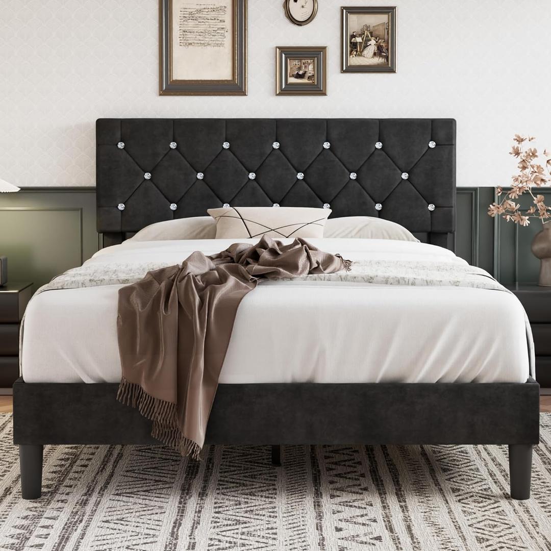 VECELO Queen Size Bed Frame, Upholstered Platform with Adjustable Diamond Tufted Headboard, Wood Slat Support, No Box Spring Needed, Velvet & Black