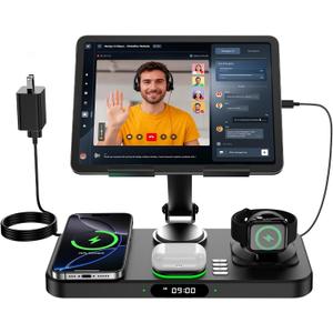 6 in 1 Wireless Charger for Apple Multiple Devices, Charging Station with Clock &7 Color Ambient Light, Foldable Rotate Stand for iPad, for iPhone17/16/15, Support for Apple Watch11/10 For AirPods4 (Black)