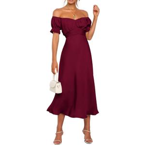 KIRUNDO Women's 2026 Spring Summer Satin Wedding Guest Midi Dress Off The Shoulder Wrap Party Cocktail Formal Prom Dresses (Large, Dark Wine Red)