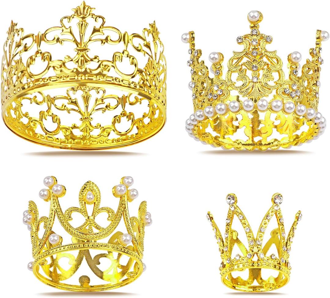 4 PCS Crown Cake Topper, Gold Mini Crown Flower Arrangements Bouquet, Crystal Pearl Vintage Tiara Small Baby Princess Crown for Birthday Wedding Party Baby Shower Decor Boys and Girls