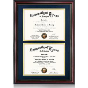 GraduationMall Double 8.5x11 Diploma Frame,Solid Wood & UV Protection Acrylic,Cherry Finish with Gold Trim,Navy Blue & Gold Mat