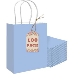 qiqee 100PCS Gift Bag with Handles Bulk Light Blue Paper Bags Multiple Uses (8.3"x3"x6"inch Small Size)