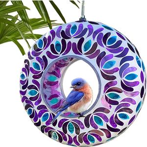 Lily's Home 8 Inches Glass Mosaic Hanging Bird Feeder for Outdoors Fly-Through Large Bird Feeder for Outdoor Garden Decor Backyard, Animals Lovers Gift, Purple and Blue