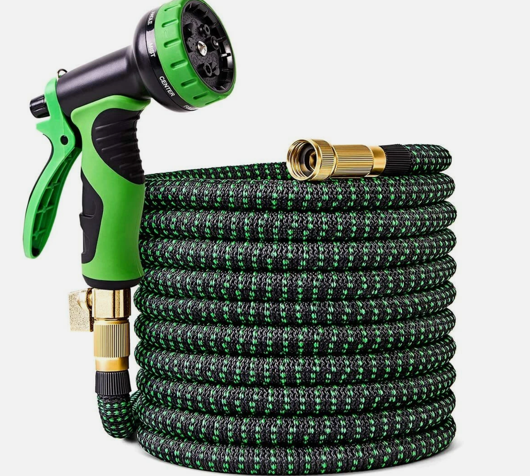 100 ft Expandable Garden Hose - Kink Free Flexible Water Hose with Thumb-Controlled 10-Function Nozzle, 3/4 Solid Connectors, Durable 3750D Fabric, 4-Layer Latex Core