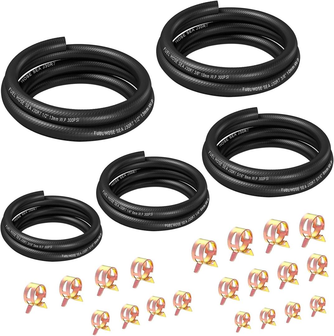 smseace 25pcs 3.3Ft 5-Size Fuel Line Hose Kit - 3/8 Inch 1/2 Inch 5/16 Inch 1/4 Inch 3/16 Inch ID NBR Rubber Fuel Hose with Hose Clamps for Small Engines Automotive Replacement Fuel Hoses