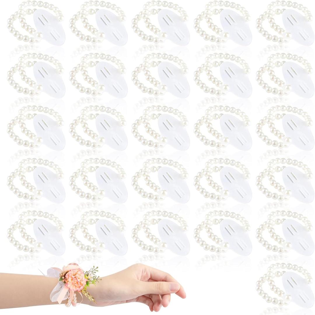 HIONXMGA Corsage Wristlet Band Elastic Pearl Wrist Corsage Bracelets Bands for Women, Stretch Pearl DIY Handmade Prom Flower Supplies Accessories for Wedding Graduation Party