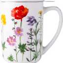 AmorArc Porcelain Tea Mug with Infuser and Lids, 18 Oz Coffee Cup Strainer with Bag Holder for Loose Leaf Tea, Tea Steeping Coffee Mug for House-warming Wedding Birthday Gift (Wild Flowers)