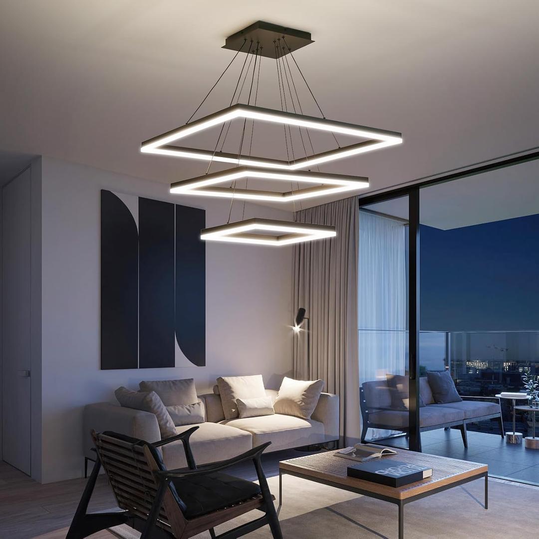 Modern LED Chandelier, 3 Ring Square LED Pendant Ceiling Light, Dimmable Foyer Chandelier Lighting Fixture, Adjustable Height Over Table Hanging Light for Living Dining Room, Bedroom, Study Room (Black light down)