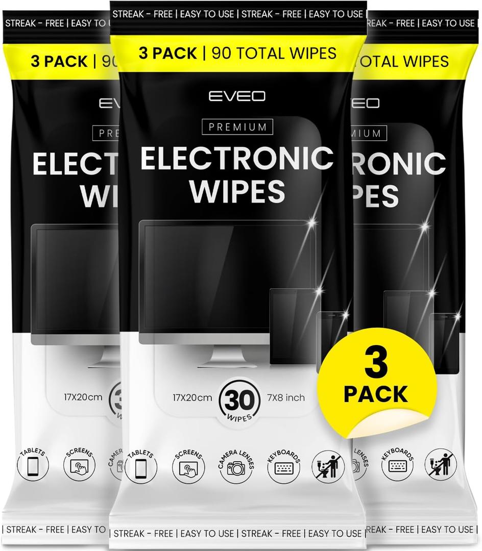 EVEO Electronic Wipes Screen Cleaner - Screen Wipes TV Screen Cleaner Wipes, Computer Screen Wipes, Laptop Screen Cleaner, ipad & Monitor Cleaner, Screen Cleaning Wipes - [90 Wipes + Microfiber Cloth]