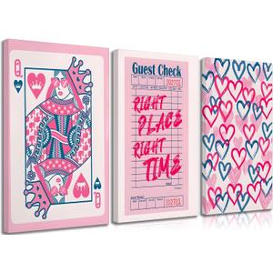 3 Pieces Modern Aesthetic Pink Queen Hearts Canvas Wall Art Retro Funky Preppy Paintings Playing Card Pictures Wall Decor Posters Prints for Living Room Girly Bedroom Dorm Office Decoration