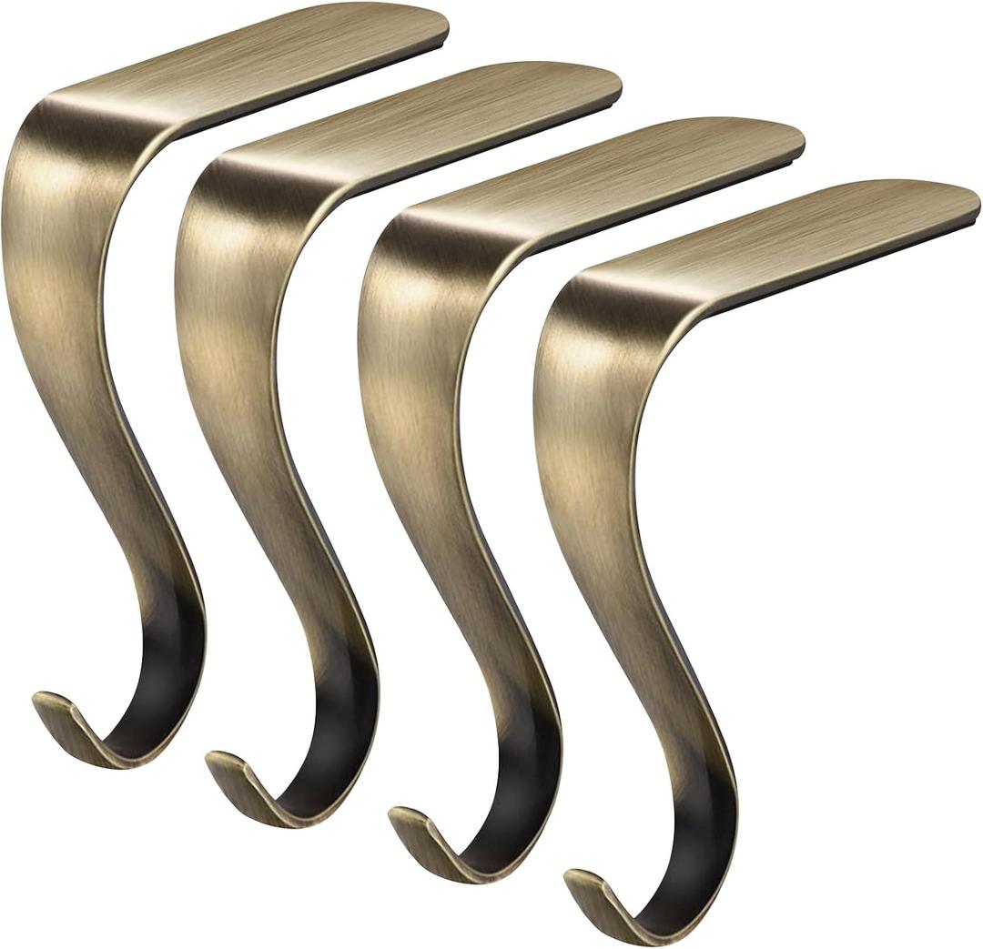 Stocking Holders for Mantle,Christmas Stocking Holder Set of 4,Stocking Hangers for Mantel,Stocking Hooks for Fireplace(Bronze)