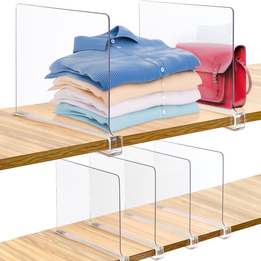 Consevisen Shelf Dividers for Closet Organization and Storage, 6 Pack Acrylic Clear Closet Shelf Dividers for Wood Shelves, Vertical Sweater Handbag Purse Organizer for Bedroom Kitchen Office (12"x8")