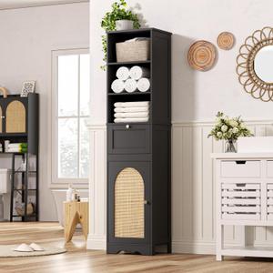 67"H Bathroom Storage Cabinet with Rattan Doors and Slide Storage, Tall Narrow Standing Tower Cabinet with Adjustable Shelves, Small Bathroom Floor Organizer for Entryway, Kitchen, Black (11.4"D x 15.4"W x 67"H)