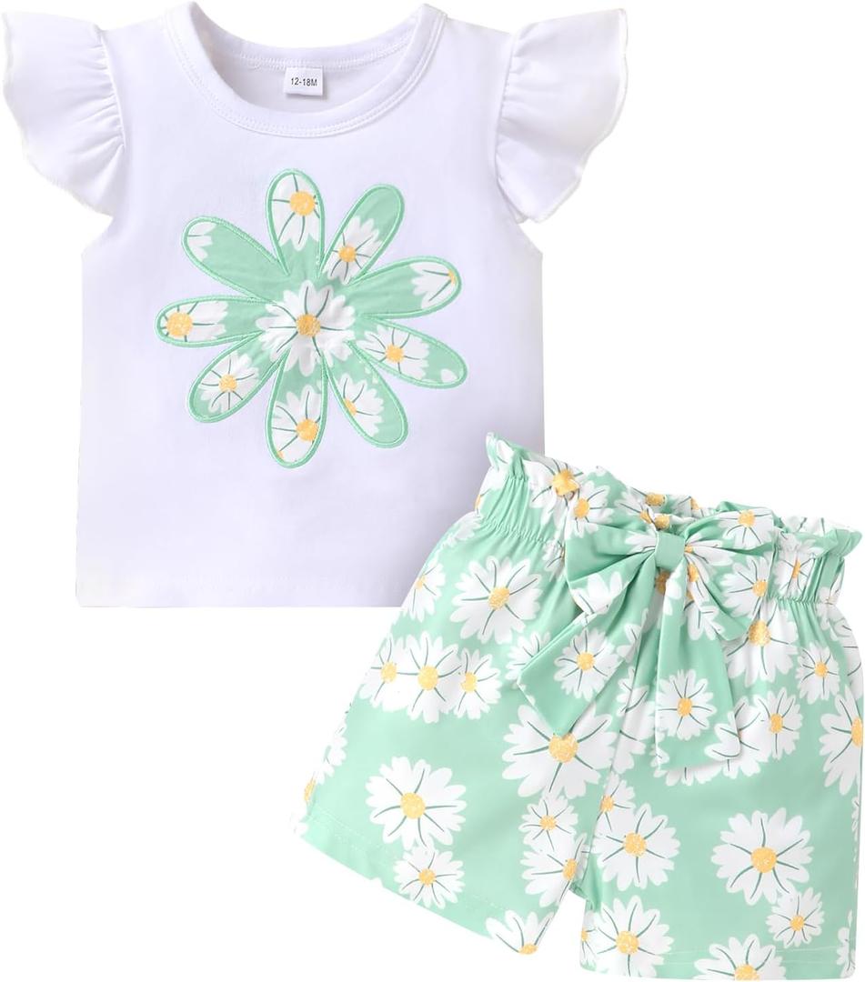 YOUNGER TREE Toddler Baby Girl Clothes Ruffle Short Sleeves T-Shirt Tops and Shorts Set Cute Summer Outfits (6-12 Months)