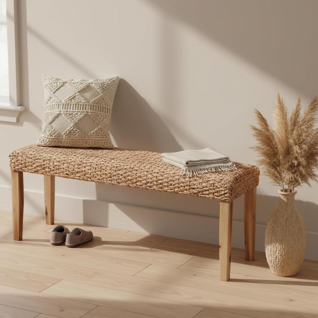 Indoor Bench Wicker for Entryway Bench, Wood Bench for Living Room Dining Bench or End of Bed Bench, 47" Boho Bench with Solid Wood Acacia & Natural Woven Seat, Rustic Farmhouse Rattan Hallway Bench, 47.24 Inches X 14.2 Inches X 19.7 Inches