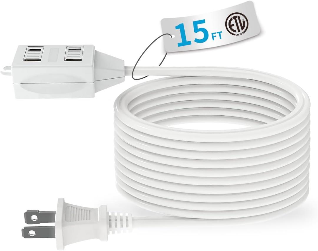 2 x TiFFCOFiO Indoor Extension Cord, 2 Prong 15 Feet Extension Cord, 3 Polarized Outlets with Safety Slide Windows,13A/1625W, 16 AWG, 1 Pack