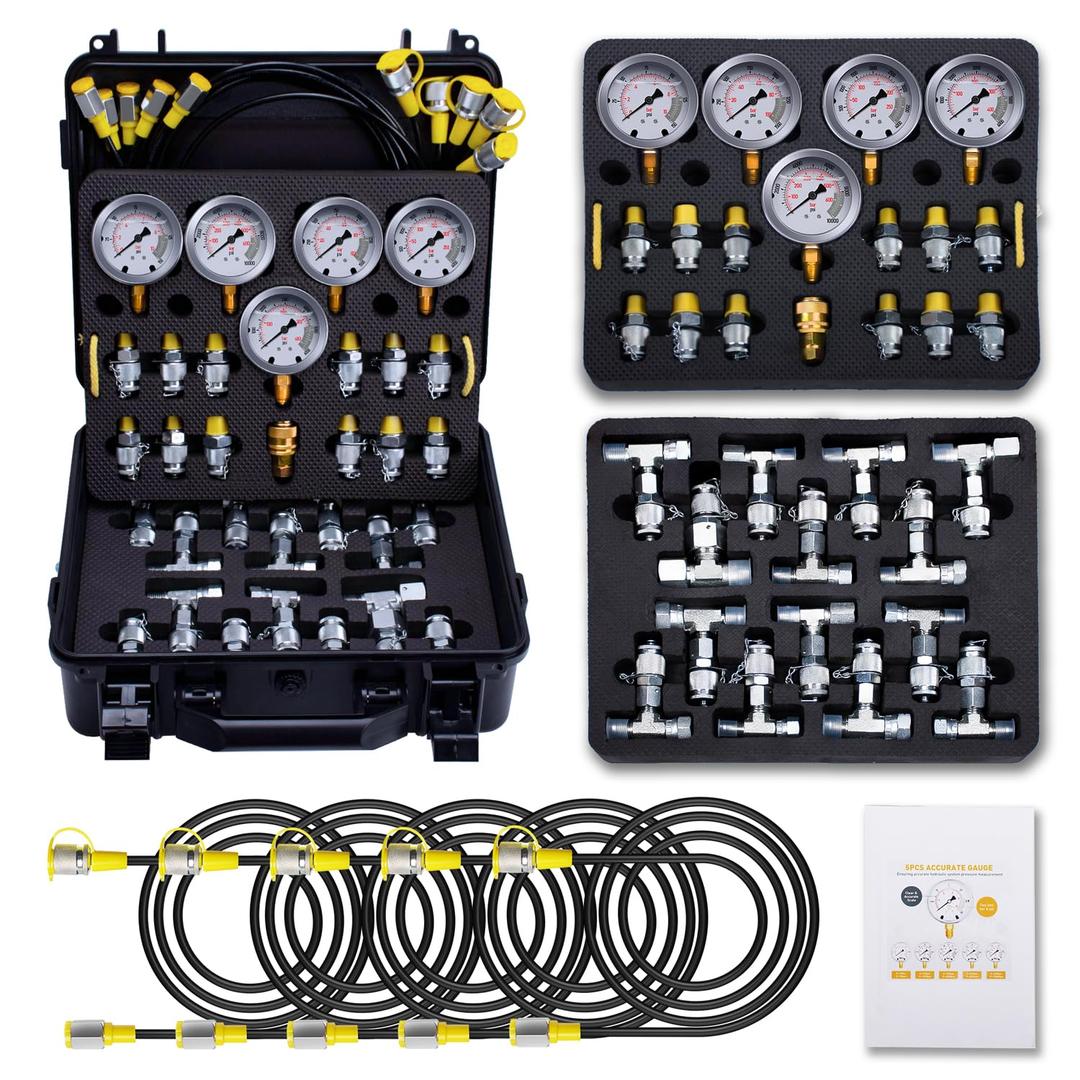 Hydraulic Pressure Test Kit with 5 Gauges(Max 10000 PSI), 13 Test Couplings 14 Tee Connectors 5 Test Hoses, Hydraulic Gauge Tester Set for Excavator, Construction, Machinery, and Mine, Black