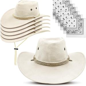 5 Pcs Cowboy Hats and Bandanas,Western Cowboy Hats Bulk,Wide Brim Cowgirl Hats Costume Party for Men Women (Beige)