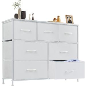 Sweetcrispy 7 Drawer Dresser Storage Organizer with Fabric Bins, Sturdy Steel Frame and Wood Top, Easy Pull Handles, for Bedroom Closet Hallway Entryway,White, 39.4"D x 11.8"W x 30.6"H