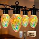 Outdoor String Lights, 100FT 42 LED Iridescent Holographic Bulbs, Waterproof Patio Lights with Remote Control, Shatterproof Connectable Lights for Backyard, Porch, Garden, and Party
