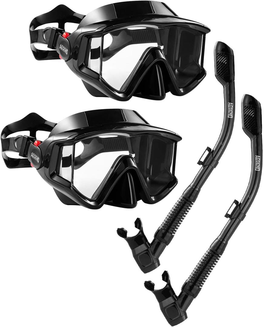 Aegend Snorkeling Gear for Adults, Dry Snorkel Set Panoramic View Enhanced Anti-Leak and Anti-Fog Technology, Adjustable Strap for Snorkeling Scuba Diving Swimming with Mesh Bag (2 PACK-Black)