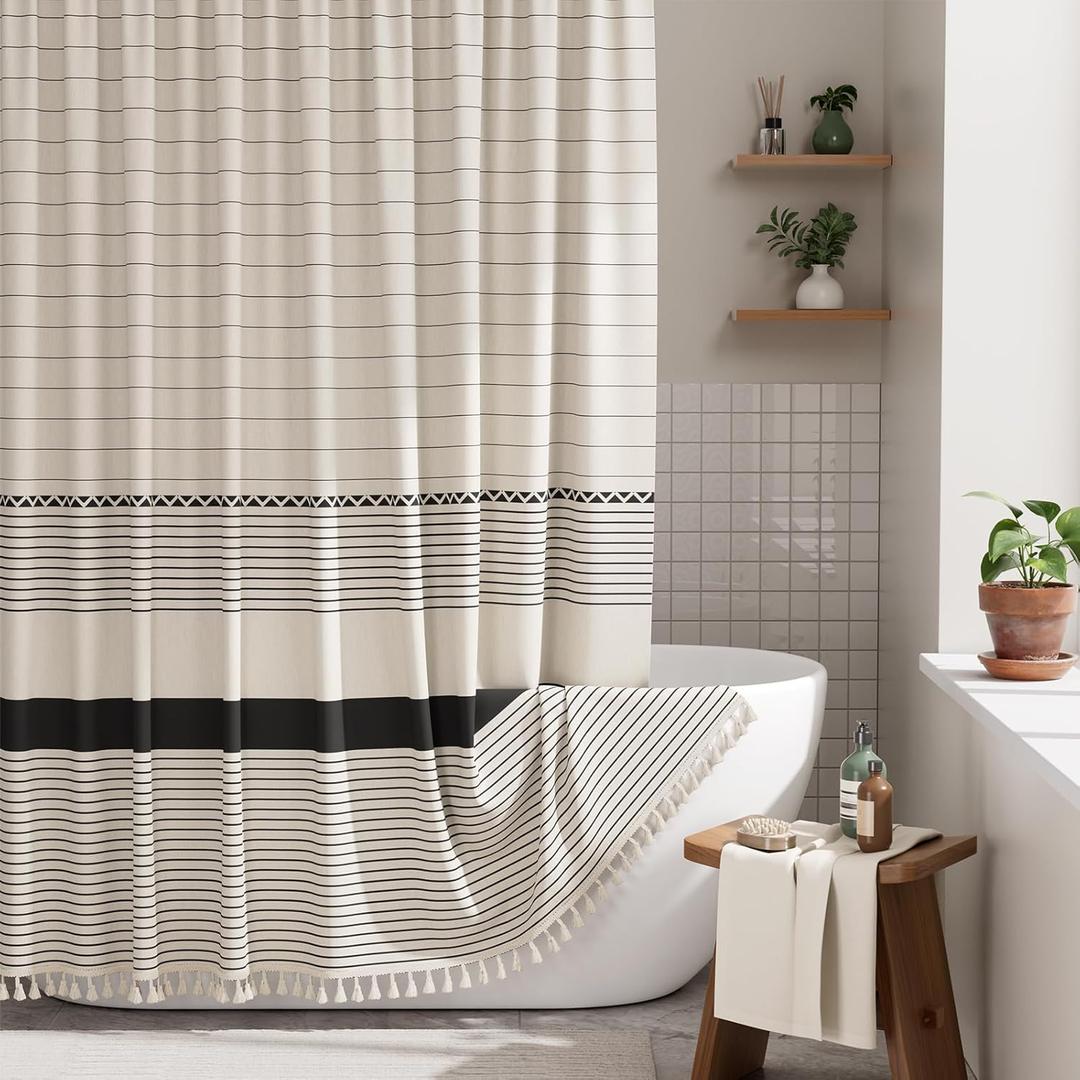 AmazerBath Boho Shower Curtain, Modern Farmhouse Shower Curtain Set with Tassels, Rustic Faux Linen Black Striped Shower Curtain with Hooks, Light Tan Toned, 72x72 Inches