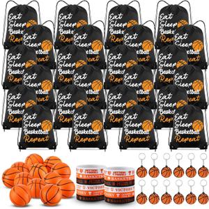 MiniInflat 96 Pcs Basketball Party Favors Include 24 Basketball Drawstring Bags 24 Basketball Keychain 24 Silicone Basketball Bracelets 24 Mini Stress Ball for Sports Supplies Decorations