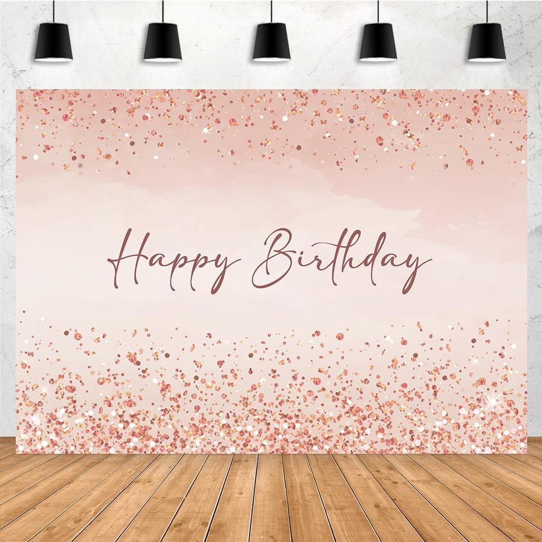 Aperturee 7x5ft Pink Happy Birthday Backdrop Pink Glitter Sprinkle Dots Shiny Diamonds Rose Gold Girl Bday Photography Background Sweet Women Girls Lady Shining Party Decorations Supplies Photo Props