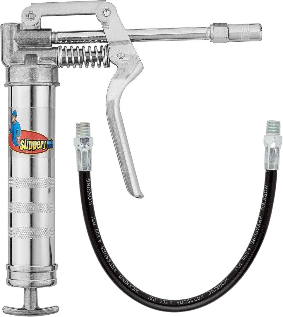 Slippery Pete Mini Pistol Grip Grease Gun. Heavy Duty Design for 3oz Cartridges. 12 inch Flexible Hose and 5 inch Rigid Extension Pipe